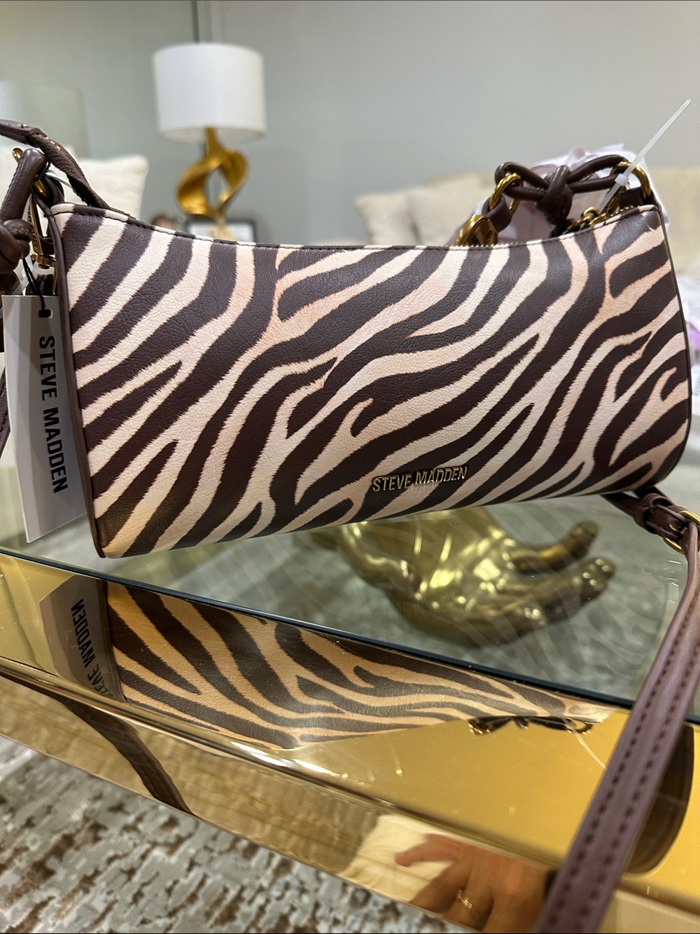 Steve Madden Cream and Brown Zebra-Print Mini Shoulder Bag